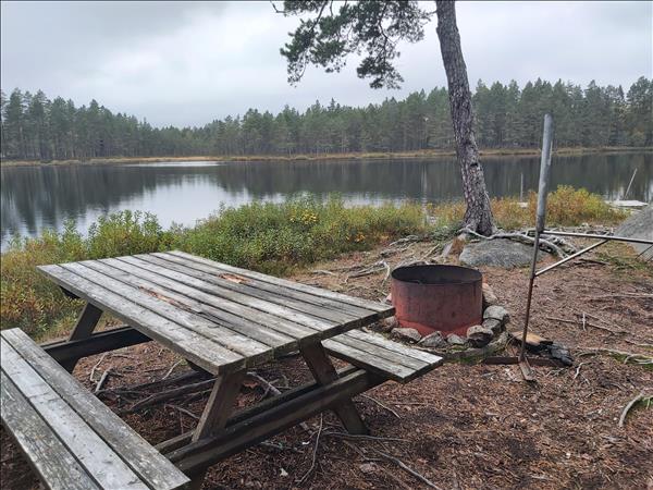 Bänkbord och eldstad av metall